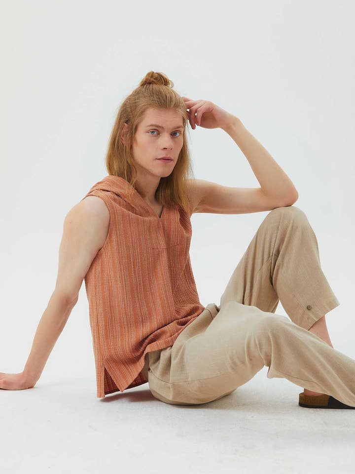 Sleeveless Ethnic Men's Shirt With Hoodie Light Brown for wholesale by BohoClandestino