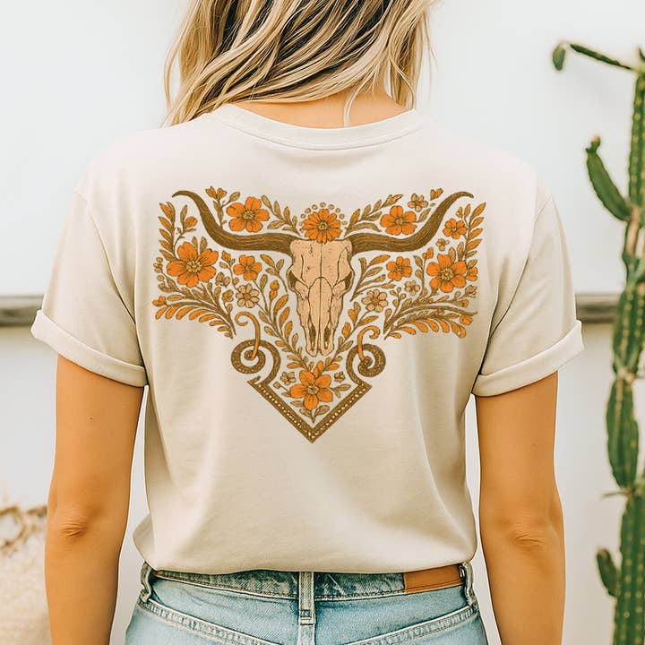 VINTAGE BLOMSTERMOTIV FOR- OG BAGSIDE GRAFISK T-SHIRT for engroshandel hos LaLaSista