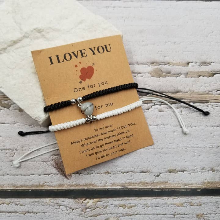 Weaving Couple Magnetic Heart Valentine Bracelet With Card for wholesale by Treasure Wholesale