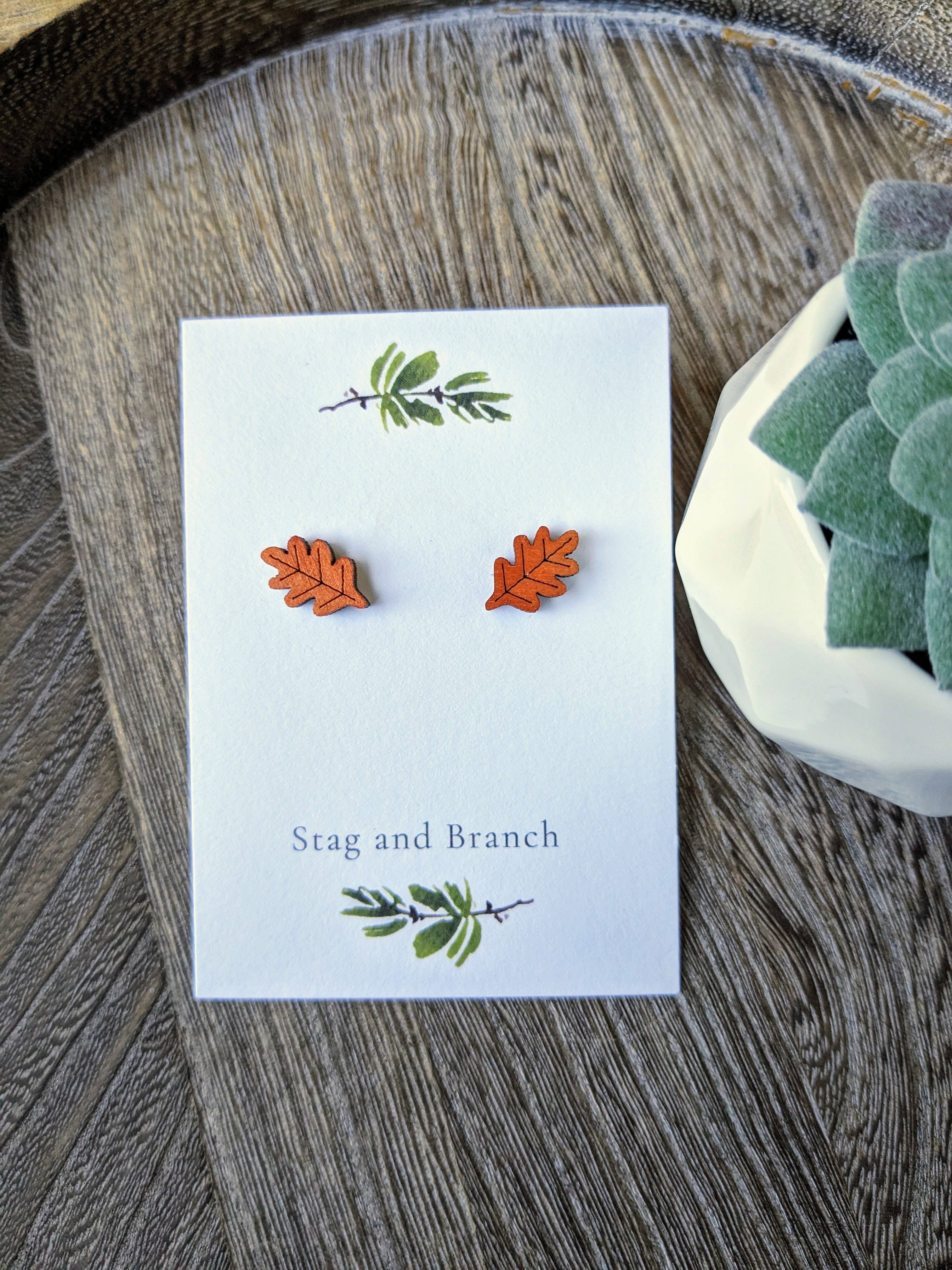 Stag and Branch - Vente Clous d'oreille - Boucles d'oreilles à tige en bois de chêne | Boucles d'oreilles en bois découpées au laser,1