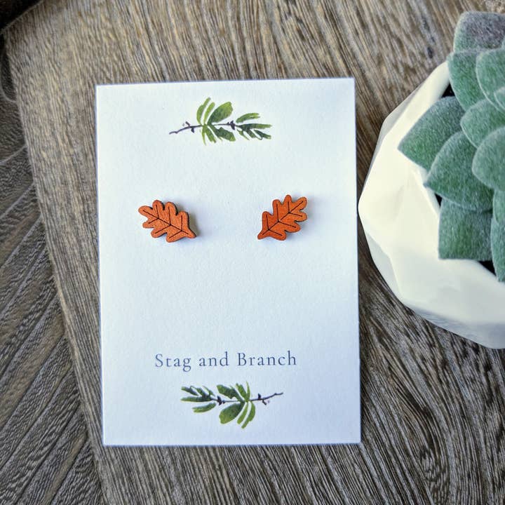 Stag and Branch - Wholesale Stud/Post Earrings - Oak Leaf Wood Stud Earrings | Laser Cut Wood Stud Earrings,1