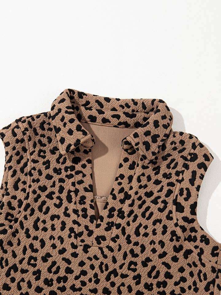 Khaki Leopard Print V Neck Sleeveless Collared Mini Dress for wholesale on Faire3
