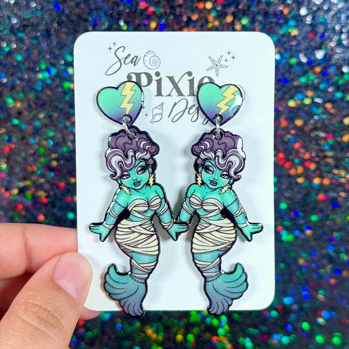 Frankenstein Bride Mermaid Halloween Dangle Earrings Spooky for wholesale by Sea Pixie Designs