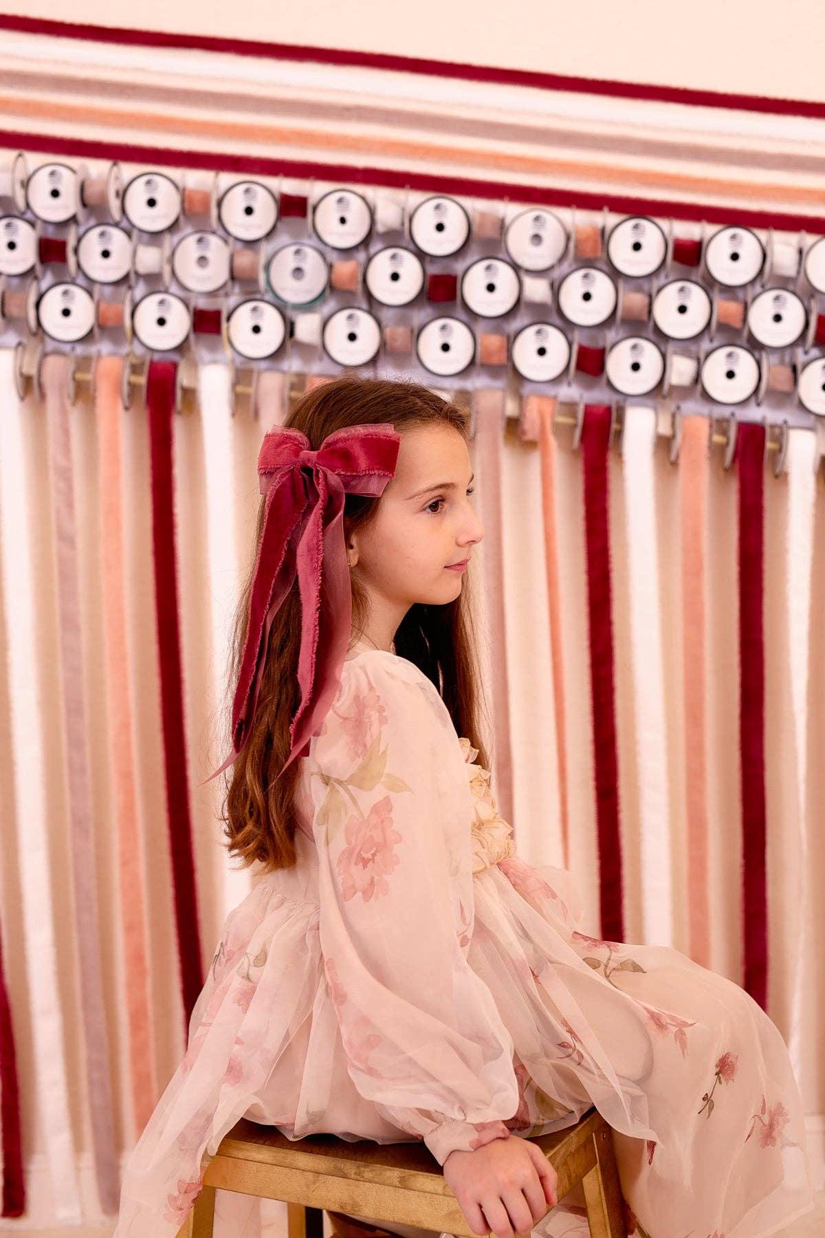 Primrose Princess Long Tail Bow Clip - Cranberry (Handmade in the USA!) for wholesale on Faire11