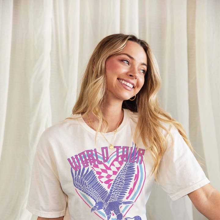 OAT COLLECTIVE - Wholesale Screen Printed T-Shirt - Women's - WORLD TOUR ROCK N' ROLL Mineral Washed Graphic Top5