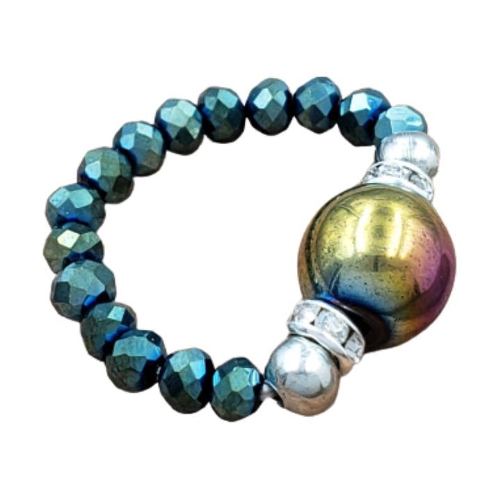 Rainbow Hematite and Luster Green Crystal Stretch Toe Ring for wholesale by BESHEEK JEWELRY