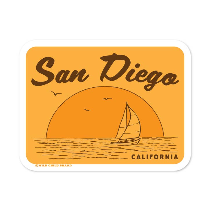 San Diego Californien Klistermærke | Retro Sejlbåd Solnedgang Strand for engroshandel hos Wild Child Brand