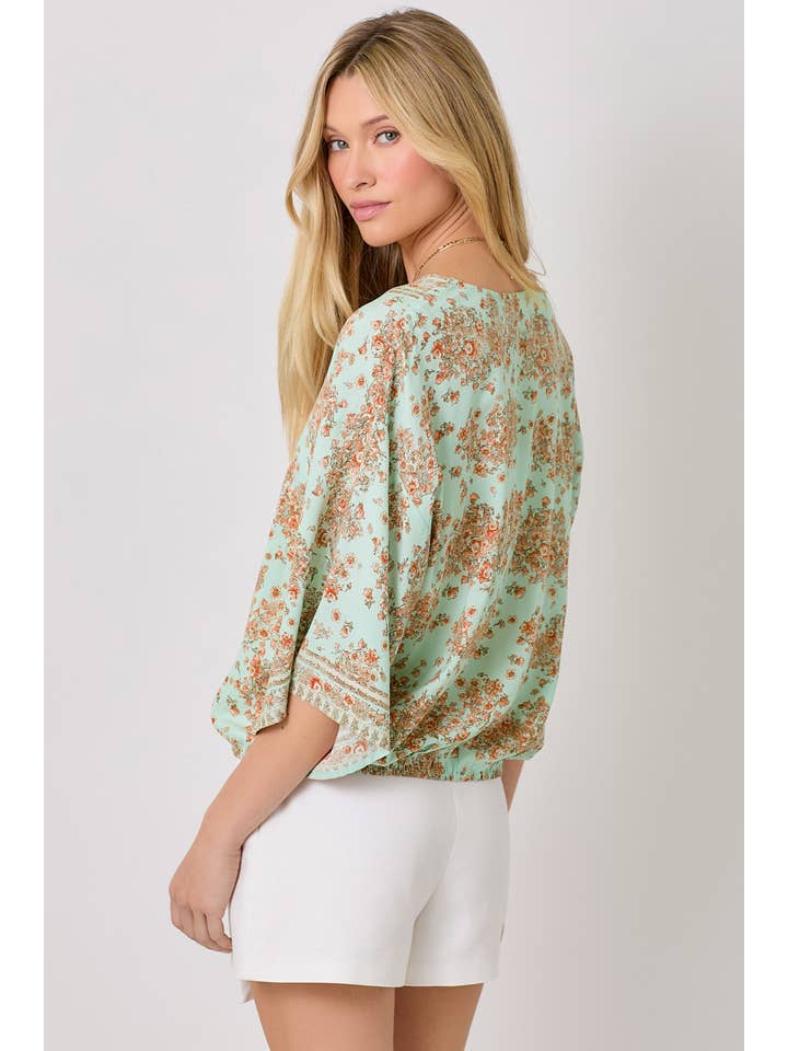 Mystree - Wholesale Blouse - Women's - 60534 Border Print Front Wrap Kimono Top