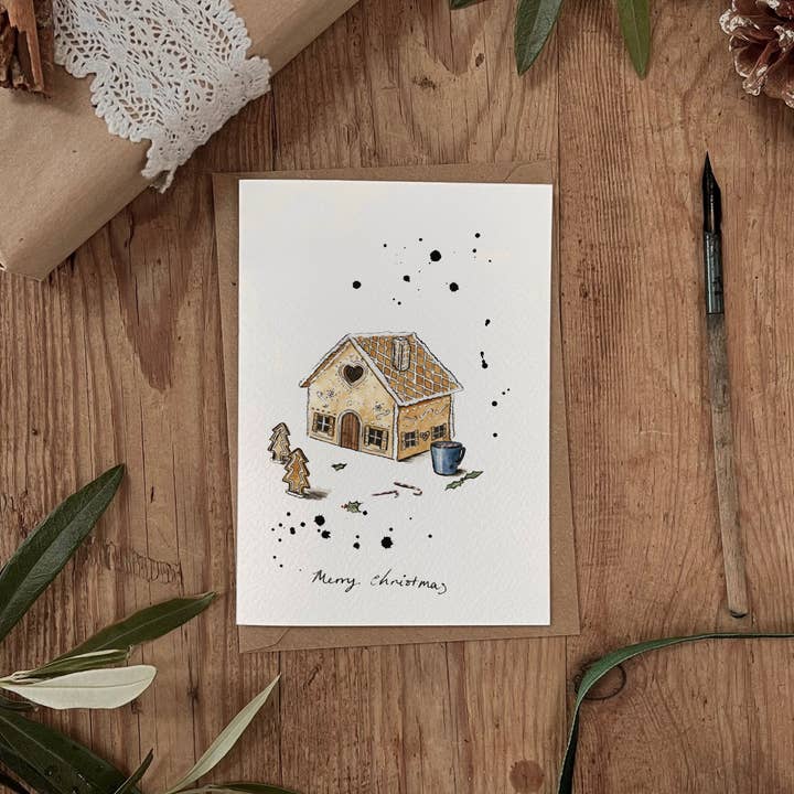 Brooke Marie - Vente Cartes de Noël - Carte de Noël à l'aquarelle et à l'encre Gingerbread House