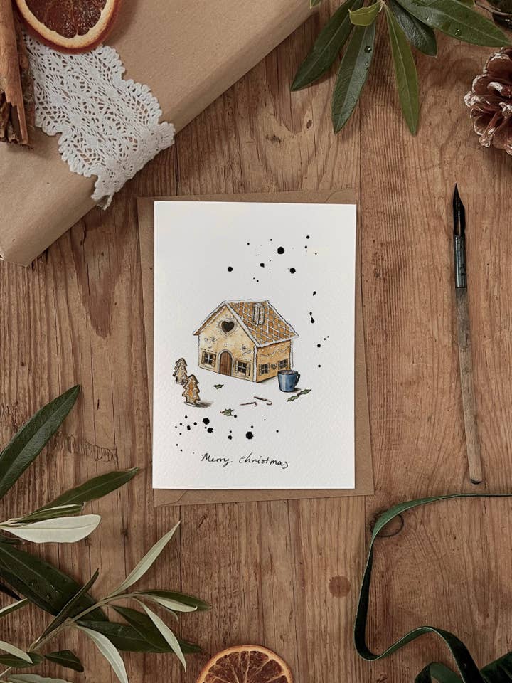 Gingerbread House Watercolour & Ink Christmas Card for wholesale by Brooke Marie
