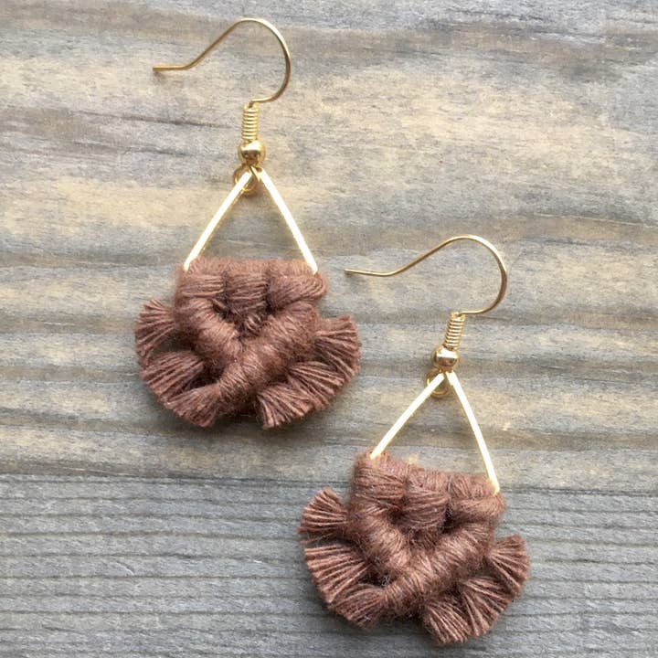 HK Macrame Jewelry - Wholesale Dangle Earrings - Micro Fringe Triangle Earrings - Brown & Gold3