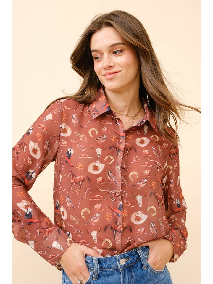 Blue B - Wholesale Button Down Shirt - Women's - 36204T - Western Print Chiffon Button Up Blouse11