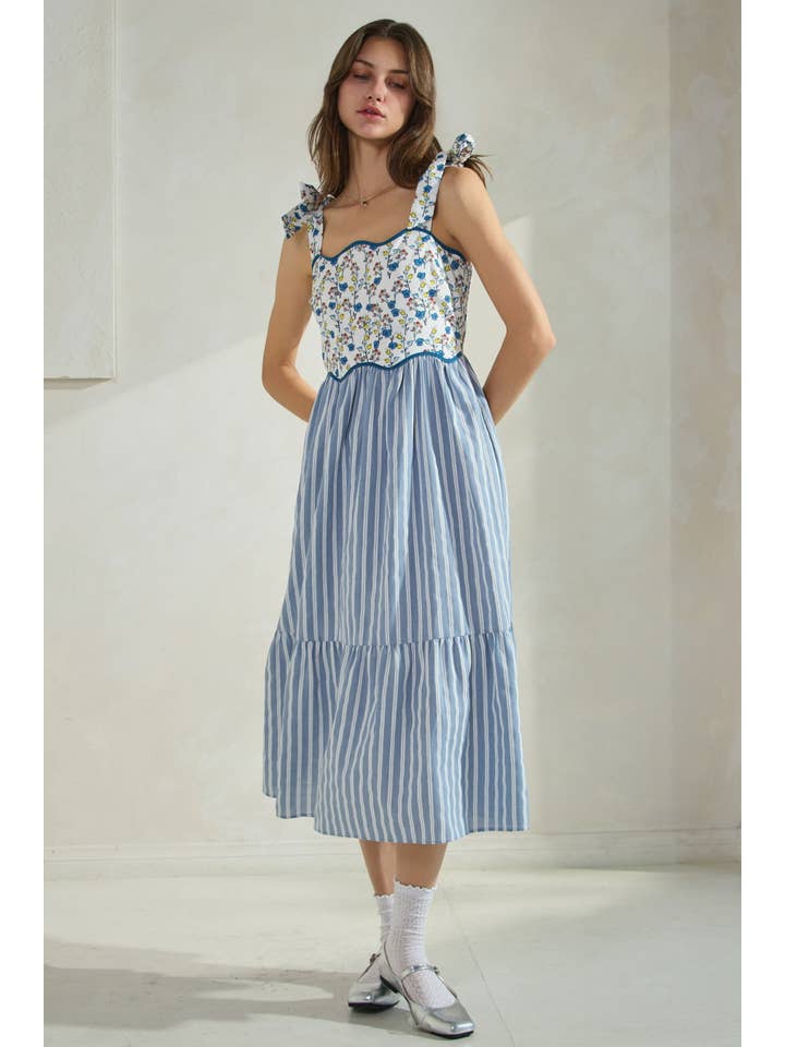 White Blue Combo Floral Print & Stripe Mixed Midi Dress for wholesale on Faire