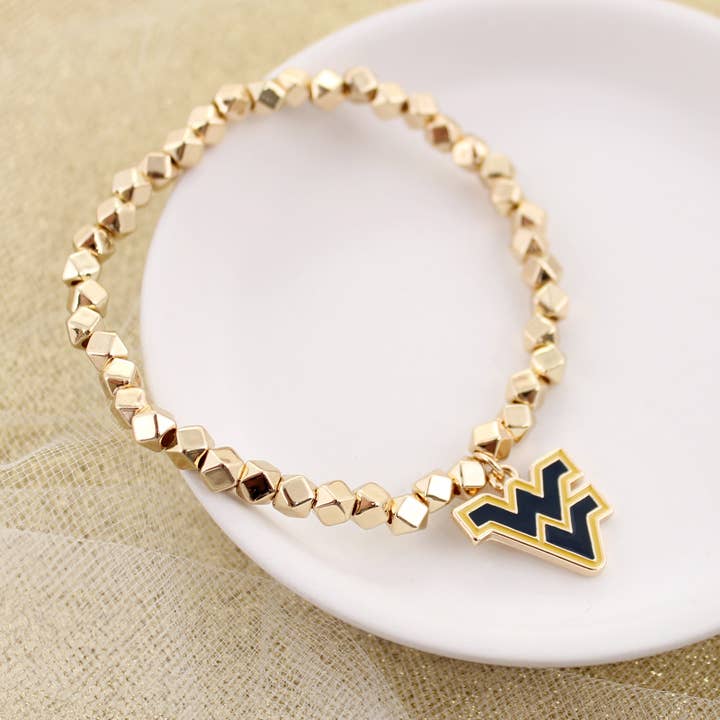 West Virginia Gold Stretch Bracelet w/Enamel Logo for wholesale by Seasons Jewelry