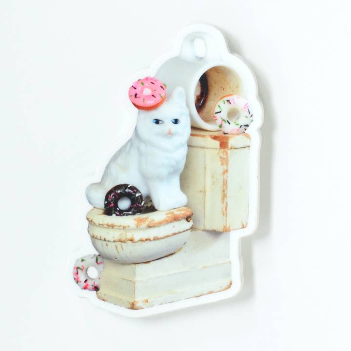 Imaginary Animal - Wholesale Sticker - Coffee + Donuts Toilet Trained Cat | Die Cut Vinyl Sticker