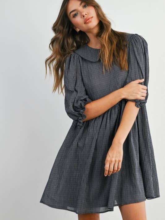 Babydoll-jurk met kraag en pofmouwen - BMD8087 voor wholesale door BUTTERMELON