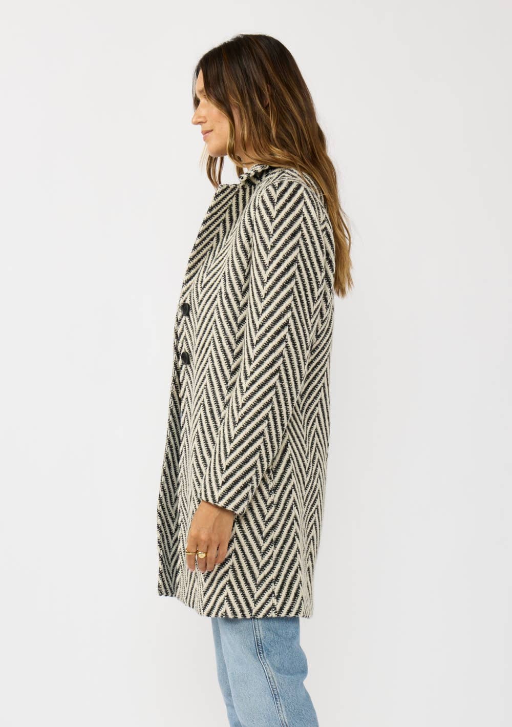 Cream Black Chevron Notched Lapel Long Sleeve Coat for wholesale on Faire1