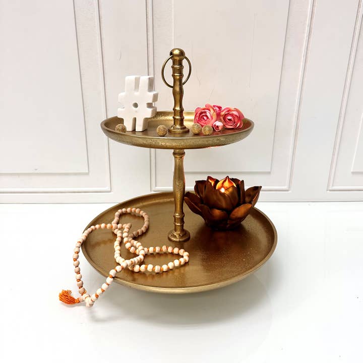 India Handicrafts Inc - Wholesale Cake Stand - Gold Textured 2-Tier Stand1