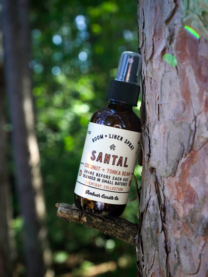 Santal | Coconut + Tonka Bean 4oz Room + Linen Spray for wholesale by Ambush Candle Co.