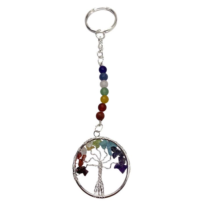 VIE - Vente Porte-clés – unisexe - Porte-clés arbre de vie avec 7 chakras et pierres gemmes mixtes, 15 x 3 cm