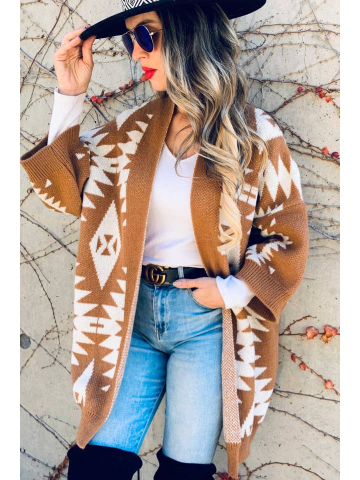 Caramel Open Front Aztec Printed Knitted Cardigan for wholesale on Faire