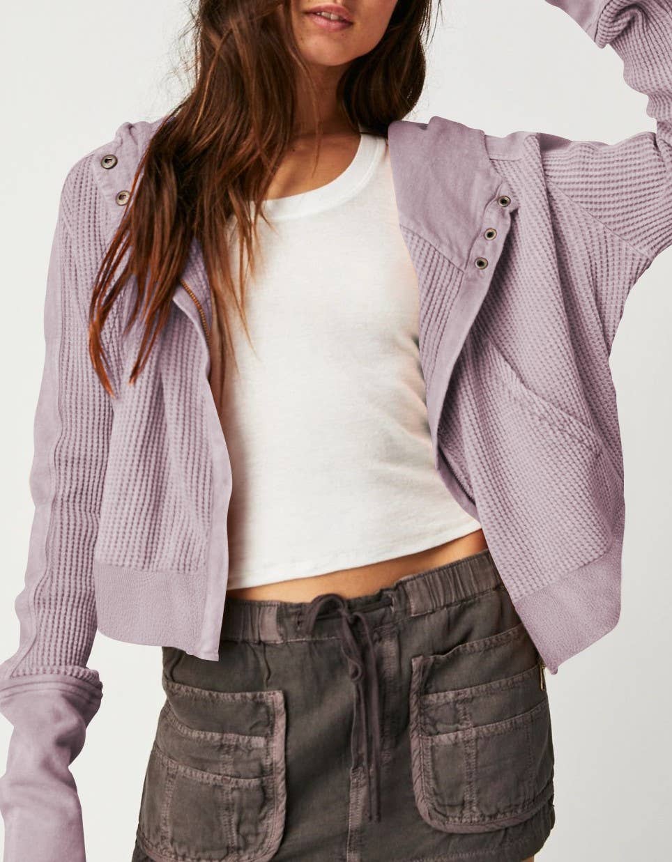 Rosa Clothing - Wholesale Hoodie - Women's - half button zip up waffle crop hoodie sweatshirt jacket17