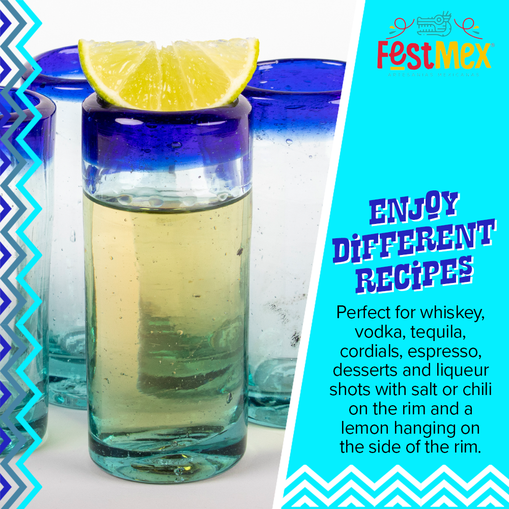 FESTMEX - Wholesale Shot Glass - Hand Blown Mexican Tequila Shot Glasses – Set of 6 Cobalt Blue Rim 2 oz3