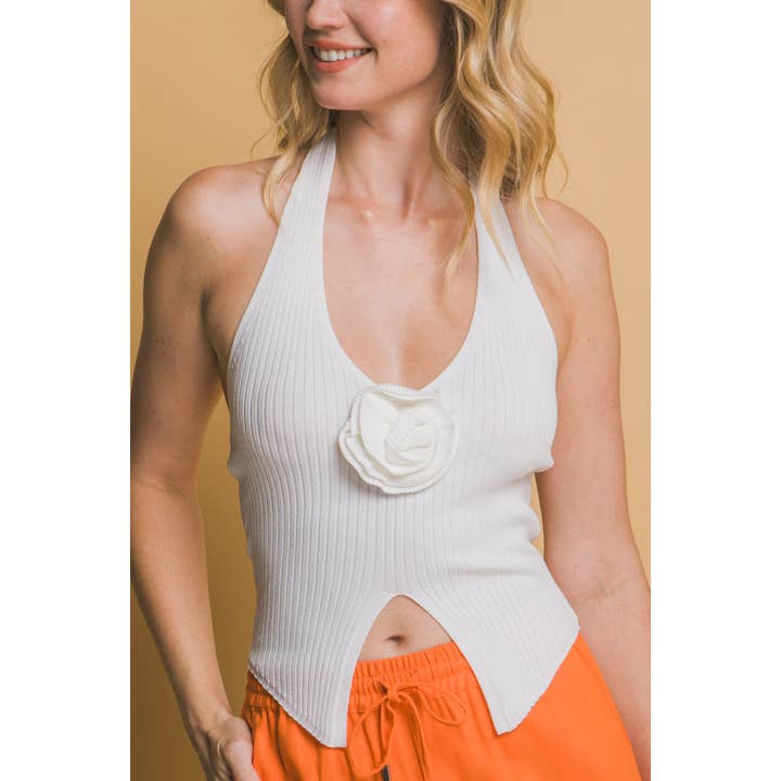 Flattering Knit Halter Neck Rosette Top for wholesale by Apolline