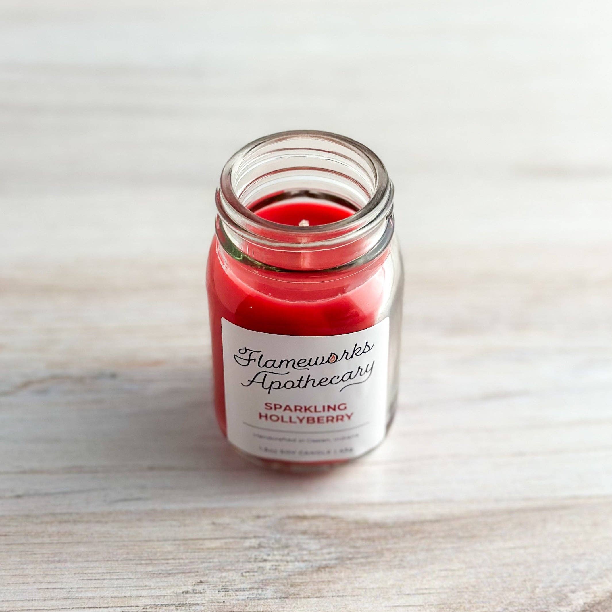 Flameworks Apothecary – wholesale Jar/filled candle – Sparkling Hollyberry 1.5 oz Mini Mason Jar Candle1