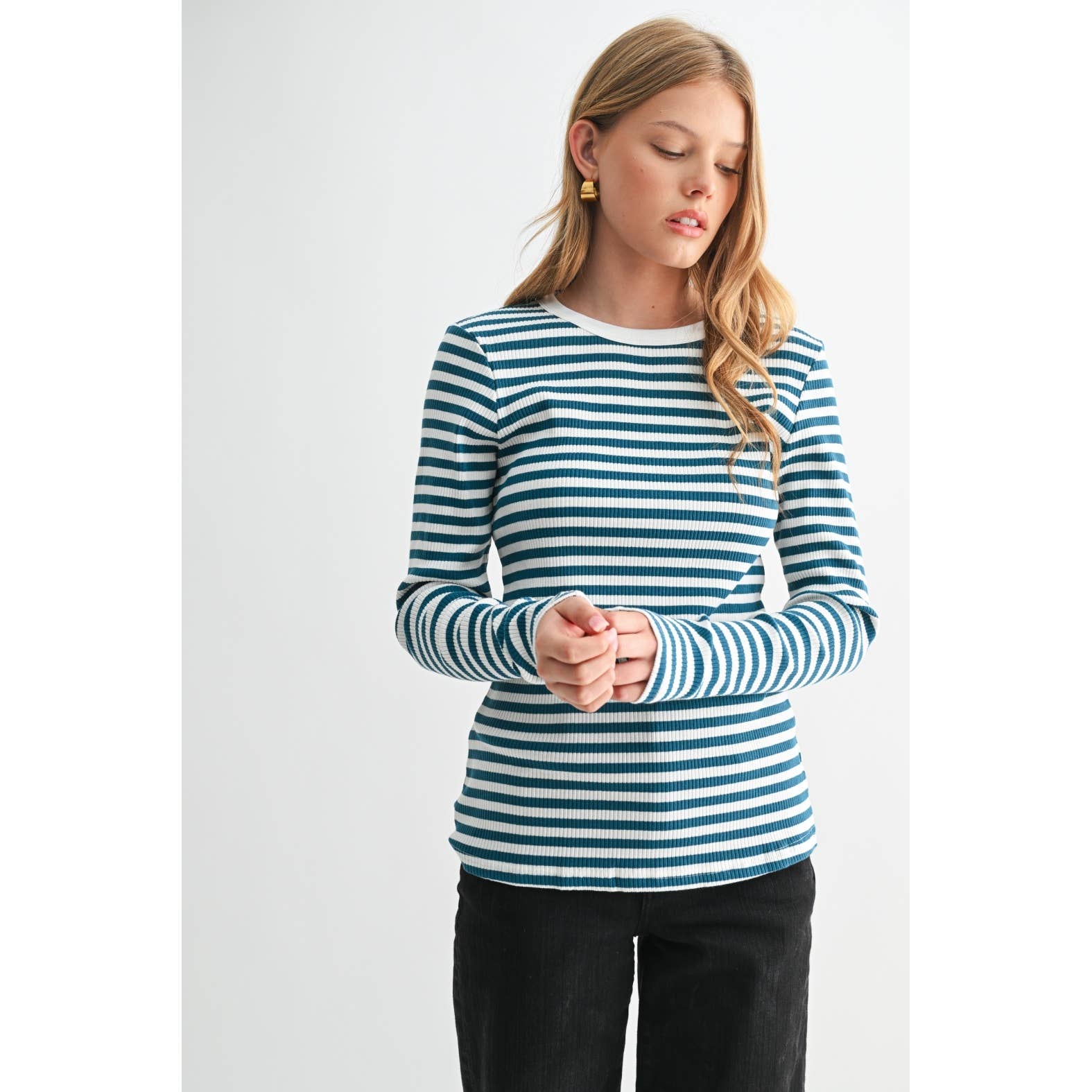 FUN2FUN – Top de malha - Mulher por atacado – TOP DE MALHA DE MANGA COMPRIDA A RISCAS1