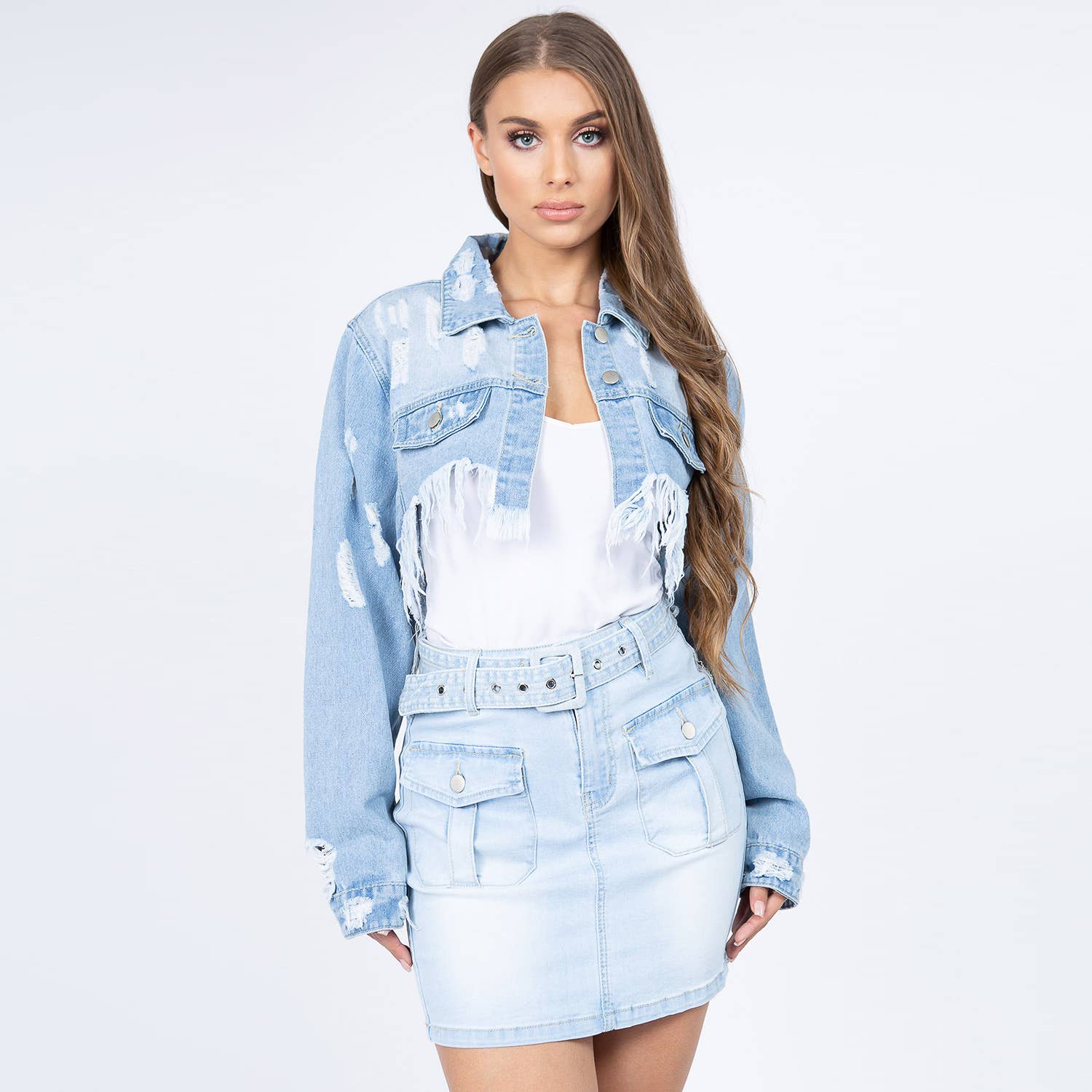 American Bazi - Vendita all'ingrosso Giacca di jeans - Donna - Giacca di jeans con effetto usurato e orlo sfrangiato - RJK36176