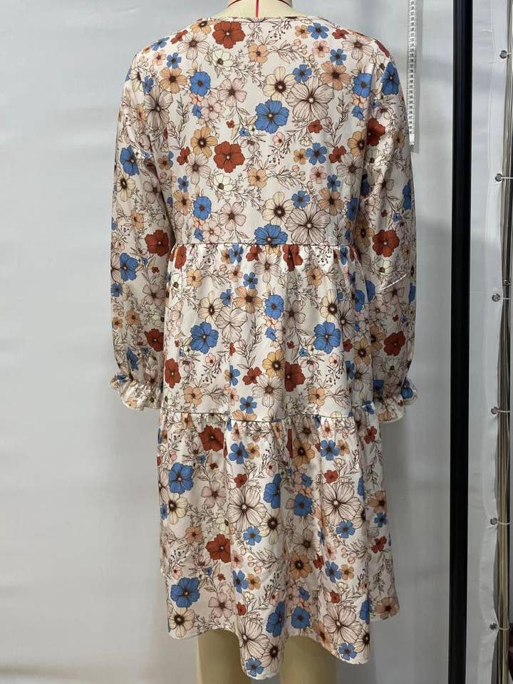 Apricot Floral print bohemian long-sleeves babydoll dress for wholesale on Faire2