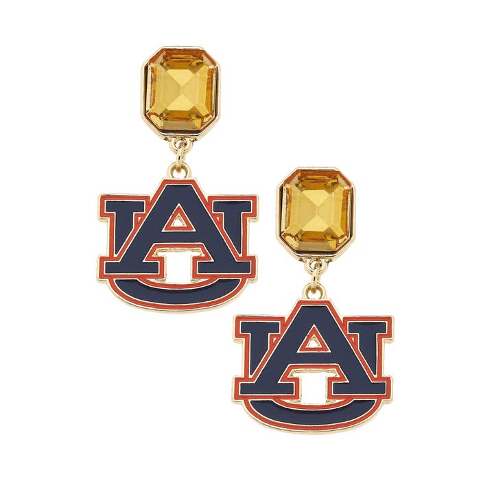 Auburn Tigers Rhinestone Enamel Logo Earrings in Shiny Gold for wholesale by Canvas Style