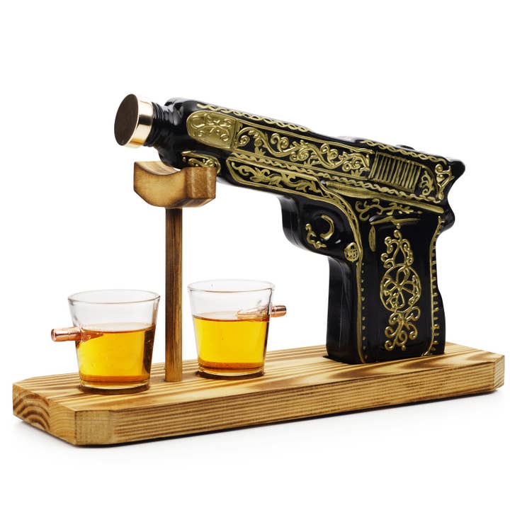 The Wine Savant / Khen Glassware - Wholesale Decanter - Glass Hand Painted Pistol Gun Decanter & Shot Glasses Set