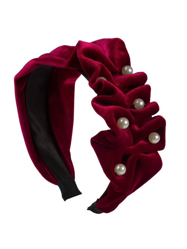 Ruffled Pearl Sammet Pannband - Burgundy för wholesale av Project 6 NY Kids
