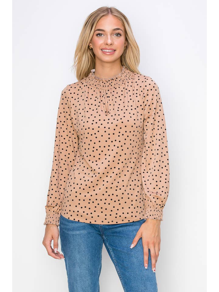 Taupe Black Smocking Keyhole Neck Long Sleeve Knit Blouse for wholesale on Faire1