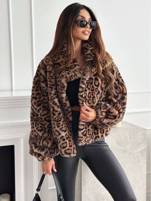 Leopard print long-sleeved furry short coat for wholesale on Faire4