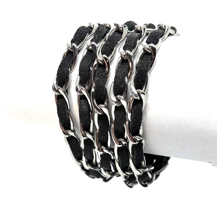 SK1360 Ladies Chain Leather Bracelet Stainless Steel Motorcycle Jewelry for wholesale by Heavy Metal Jewelry
