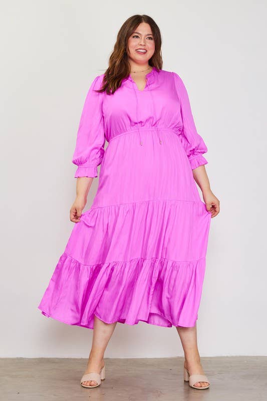 SKIES ARE BLUE - Wholesale Dress - Women's - Plus Size Long Sleeve Split Neck Maxi Dress0