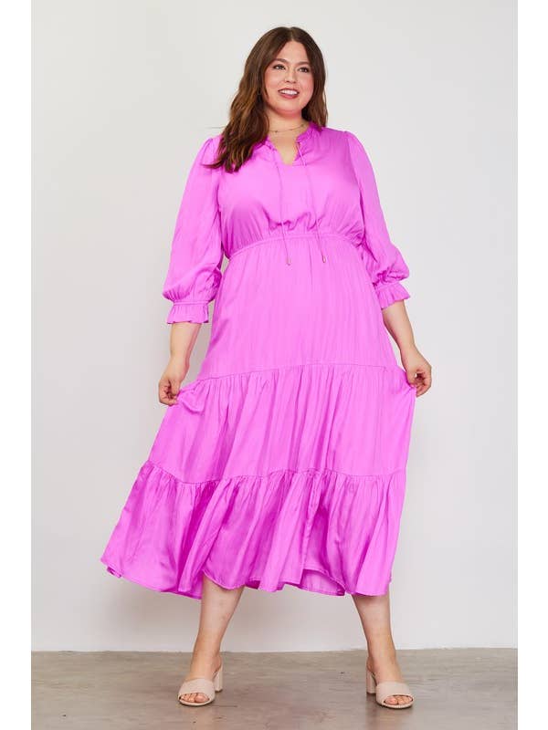 SKIES ARE BLUE - Wholesale Dress - Women's - Plus Size Long Sleeve Split Neck Maxi Dress