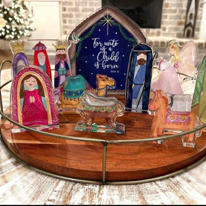 Laura Giles Art - Wholesale Nativity Scene Decor - NINE PIECE "For Unto Us" Acrylic Nativity Set0