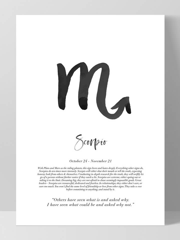 Skorpionen Skorpionsymbolet Kunsttryk. B & W Zodiac Plakat for engroshandel hos PRINT AND PROPER