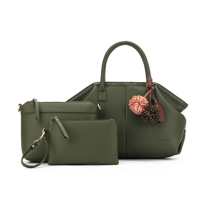 Camryn Dark Olive 3 Piece Bowler Bag for wholesale by BLACK CAVIAR DESIGNS