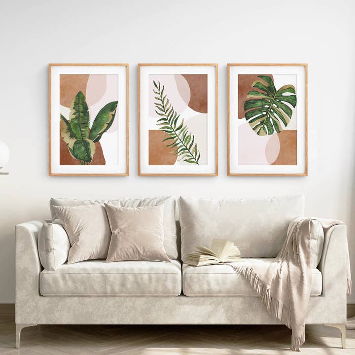 Art Lane - Wholesale Gallery Wall Set - Terracotta Boho Wall Art. Green Tropical Leaves1