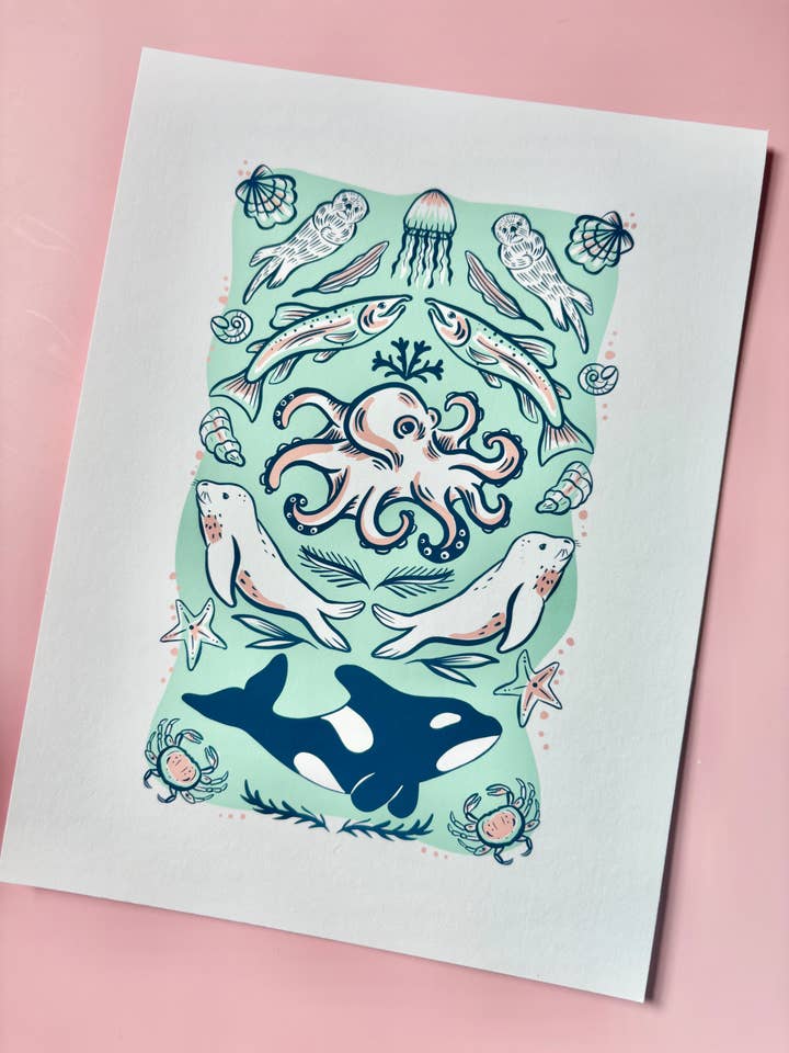 Sea Animal Print, Pacific Northwest Creatures, Orca Art for wholesale by Melissa Pothier Art