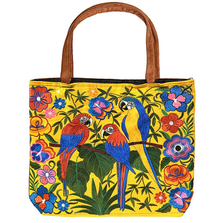 Pichincha - Wholesale Tote Bag - Women's - Embroidered Floral Parrot Large Suede Purse Tote Bag5