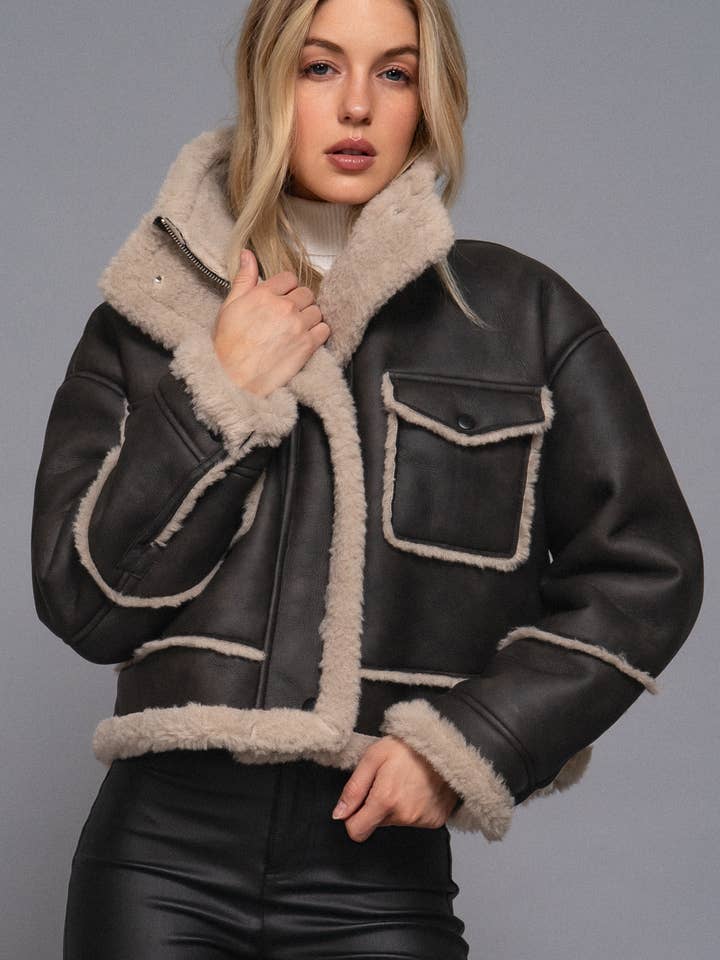 Long Sleeve Pocket Detail Faux Leather Inner Fur Jacket for wholesale by Active Basic | Active USA