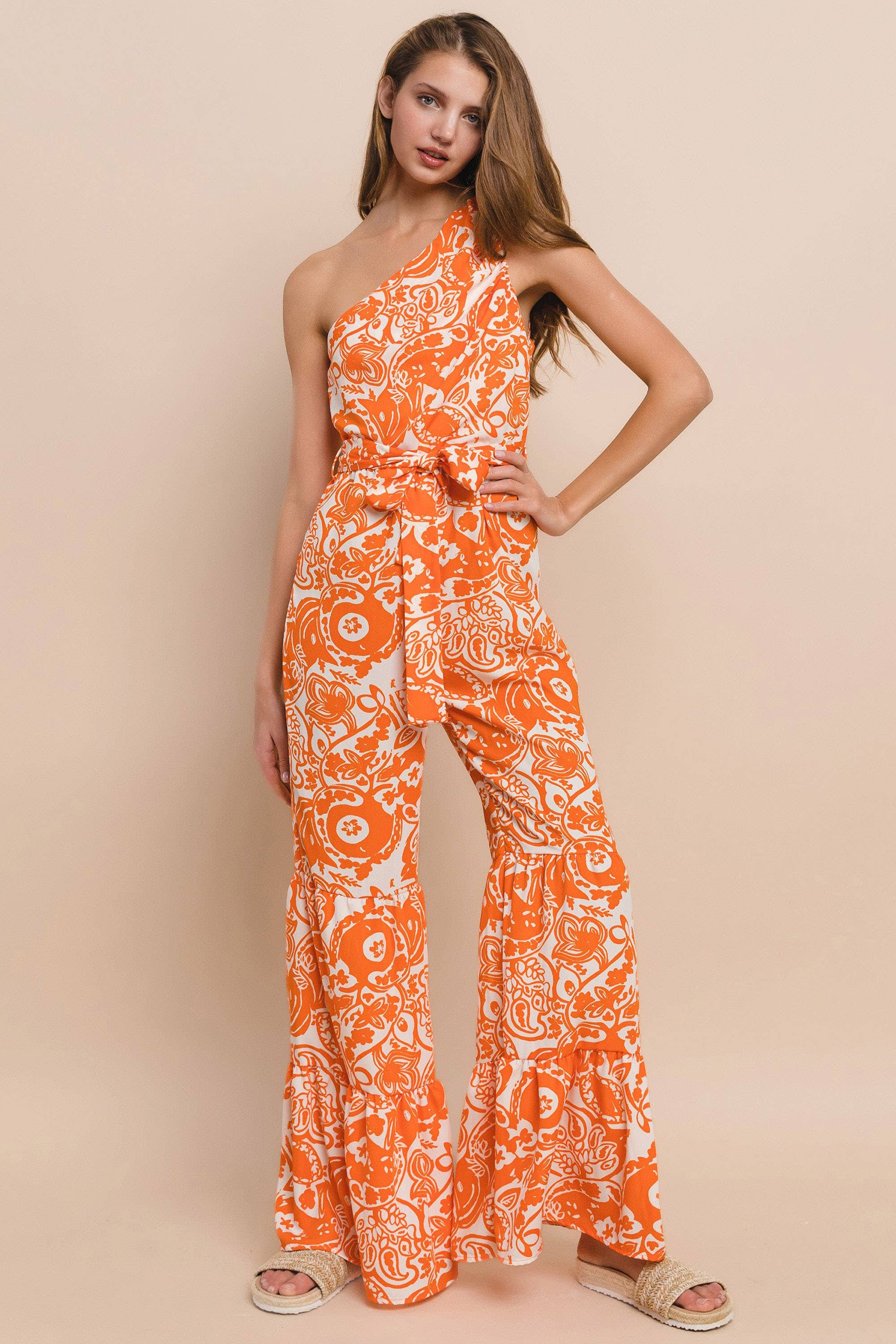 ONE SHOULDER PRINTED JUMPSUIT -  4339RB ORANGE for wholesale on Faire5