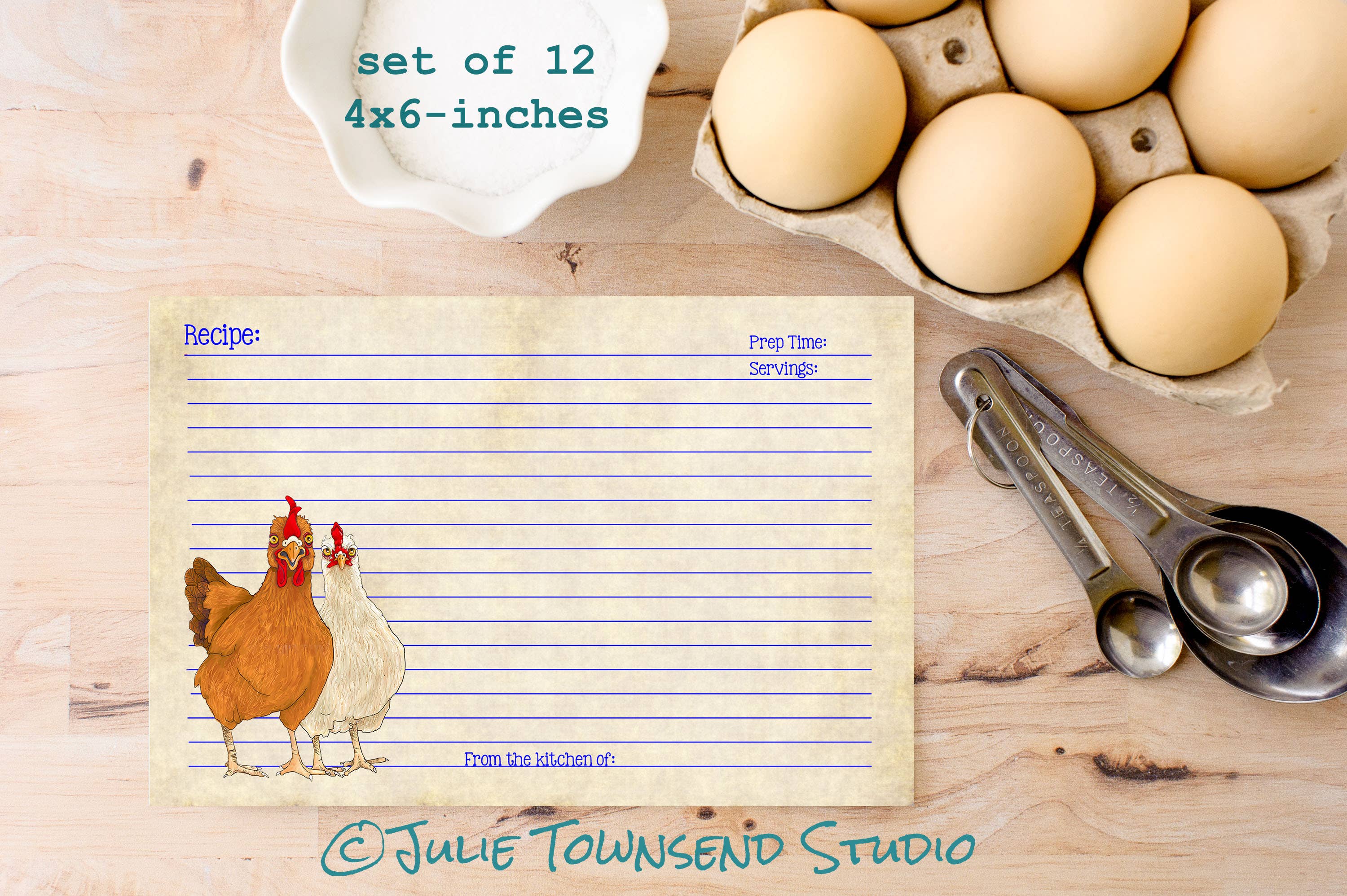Julie Townsend Studio - Wholesale Recipe Card - Recipe Cards - Set of 12 Cute Chicken Recipe Cards - 1231