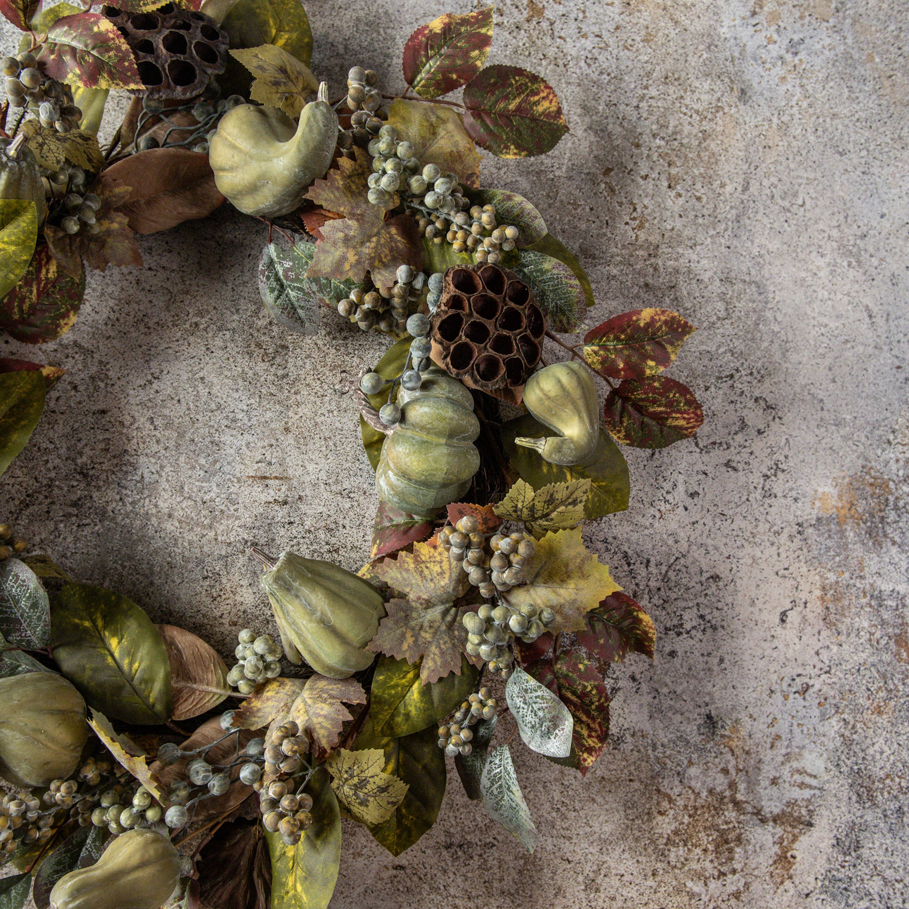 Ragon House - Wholesale Wreath - 32" GREEN BERRY, GOURD & LOTUS POD WREATH2